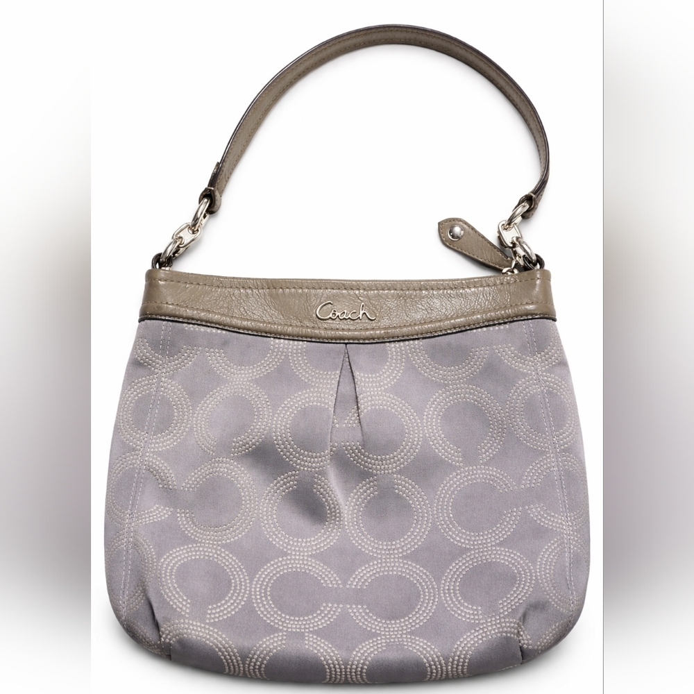 Coach Ashley Signature Hobo Bag Gray Satin Jacquard Patent Leather Trim